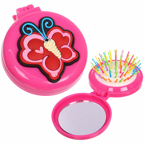 Расческа массажная детская складная "Barbariska", с зеркалом, пончик, разноцветные зубчики, цвет ярко - розовый, d-7см