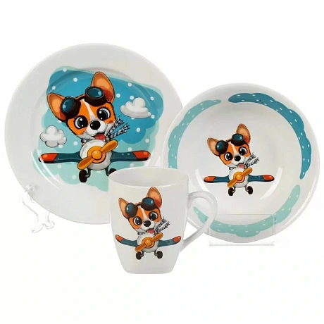 Набор детской посуды фарфор, 3 шт, Летчик Корги, тарелка 17.5 см, салатник 360 мл, кружка 210 мл, Daniks