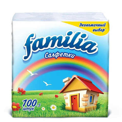 Салфетки бумажные 24*23 FAMILIA 24*23см, 1 сл., 100л, белые АКЦИЯ