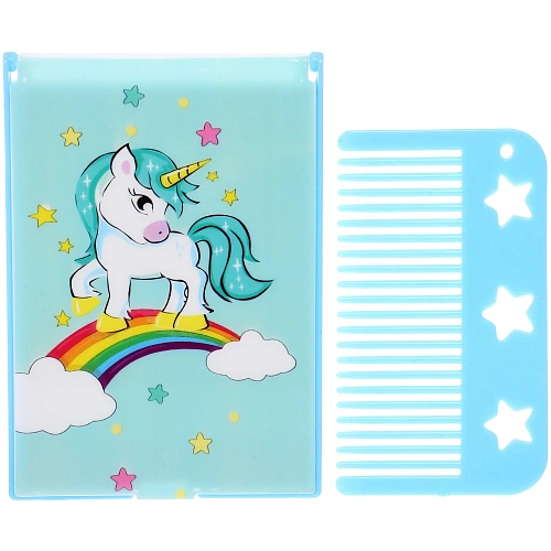 Расческа с зеркалом в наборе детские "МИМИШКИ", единорог, цвет мятный, 11*7,8см 
