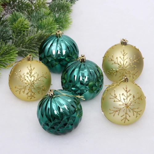 Новогодние шары "Волшебный бал" 8 см (набор 6 шт), Изумруд/Золото