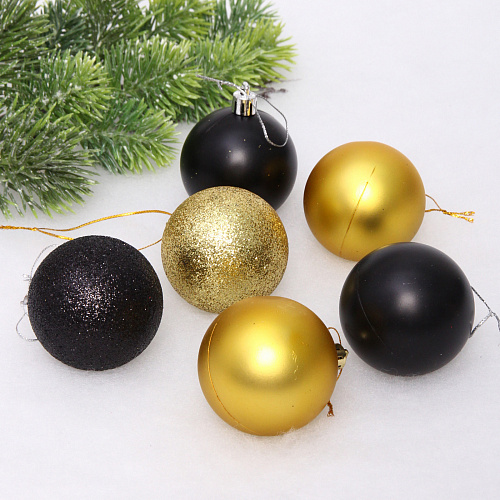Новогодние шары 6 см (набор 6 шт) "Микс фактур", черный/золото