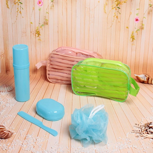 Набор банный дорожный 4шт Traveler - Полоска, микс 4 цв, (мочалка, футляр 2шт, расческа), 21127см_14