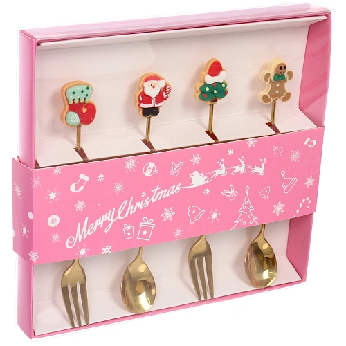 Набор для десерта Символы праздника 4предмета (2ложки+2вилки) в подарочной коробке,цвет золото_4