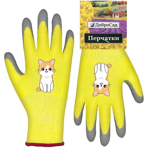 Перчатки нейлоновые "Little gardener-Котик" с полиуретановым покрытием полуоблитые, желтые M р-р ДоброСад