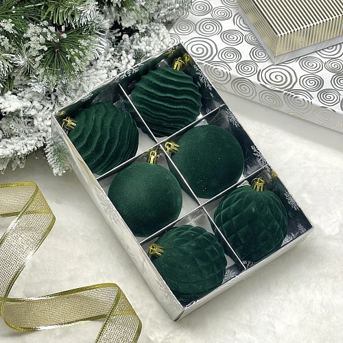 Набор шаров VELOUR "Стильная зима" 8 см (набор 6 шт), Изумруд