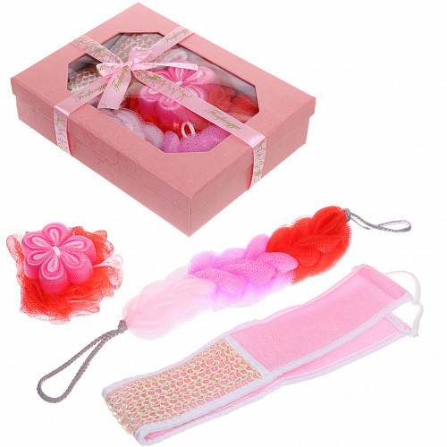 Набор банный в подарочной коробке "PREZENT", розовый/красный (три мочалки), 24*7*19*6см