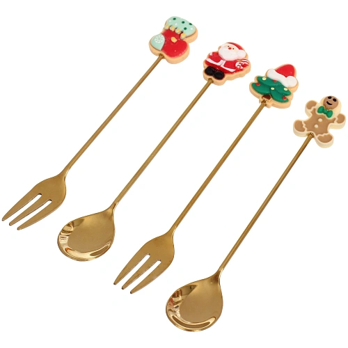 Набор для десерта Символы праздника 4предмета (2ложки+2вилки) в подарочной коробке,цвет золото_3