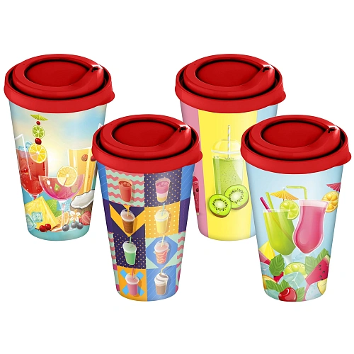 Стакан с крышкой 550мл с декором "Коктейль" (красный)