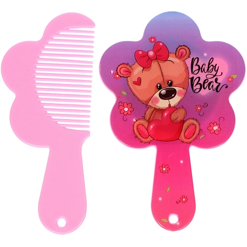 Расческа с зеркалом в наборе детские МИМИШКИ, мишка, цвет розово-фиолетовый, 11см _3