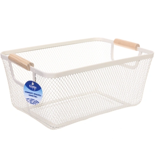 Корзина для хранения металлическая с деревянными ручками "ФАРГО", цвет белый, 20*13*31,5см (лейбл Селфи)