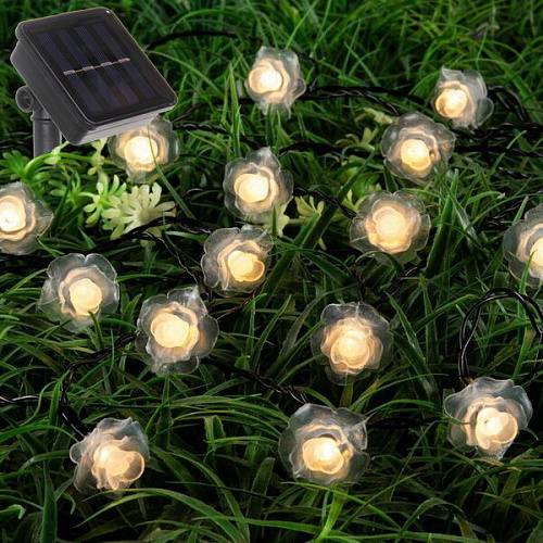 Гирлянда для улицы "Нежный цветок" 3 м 20 ламп LED чёрный провод, 2 реж.,IP-55, Теплый белый (солнечная батарея)