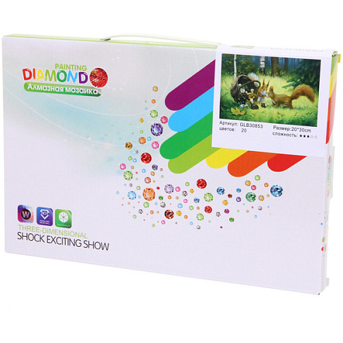 Алмазная мозаика на подрамнике с полным заполнением МИР ЯРКИХ КРАСОК, беличий переполох, 2030 см_3