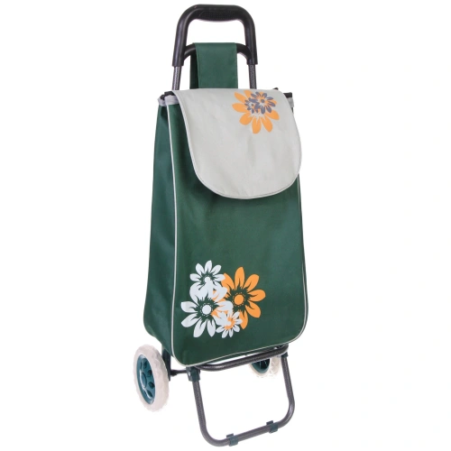 Тележка хозяйственная с сумкой (93*33*30см, колеса 16см, до 30 кг.) цветы зеленая