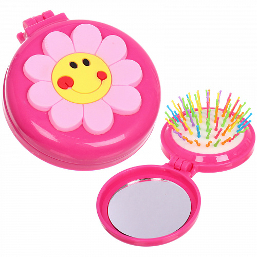 Расческа массажная детская складная "Barbariska", с зеркалом, цветочек - улыбашка, разноцветные зубчики, цвет ярко - розовый, d-7см