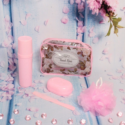 Набор банный дорожный 4шт Traveler - Цветы, цв розовый, (мочалка, футляр 2шт, расческа), 22156_4