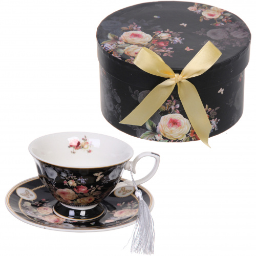 Чайная пара керамическая "Грация" (кружка 220мл+блюдце) в подарочной коробке, черная