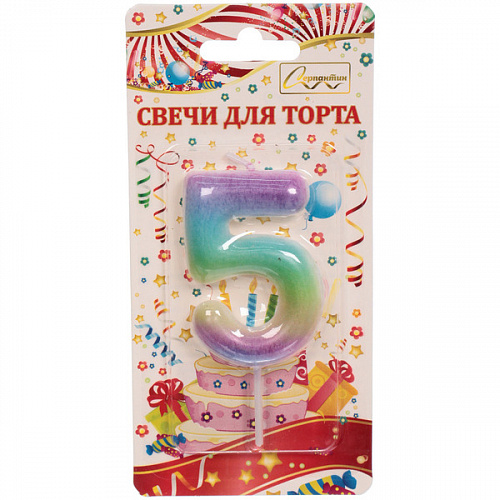 Свеча для торта Цифра Радуга "5" 6*4 см