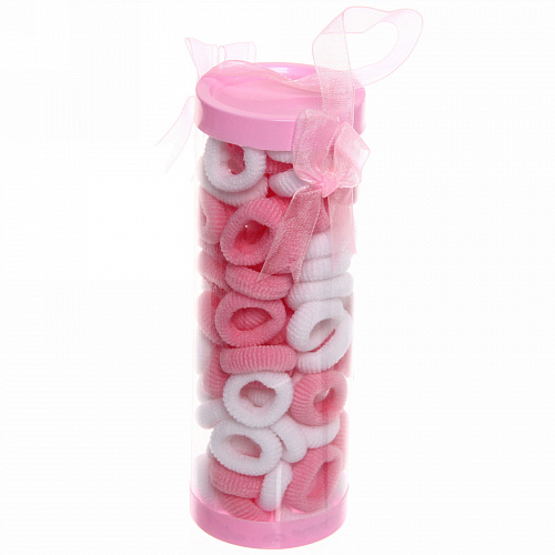 Резинки для волос детские в тубе 60+-70шт "ЗАБАВА", зефирки, цвет розовый / белый, d-2см (наклейка Кокетка)