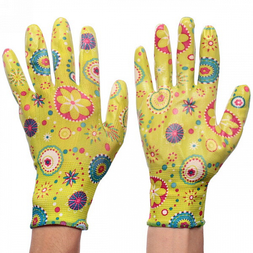 Перчатки нейлоновые "Фантазия-Цветочная поляна" с резиновым  покрытием полуоблитые 8 р-р ДоброСад