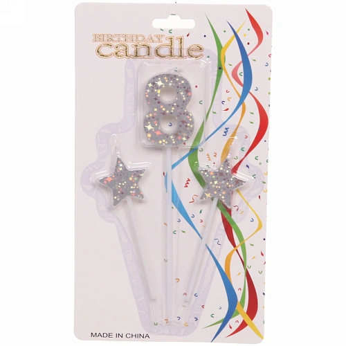 Свеча для торта Цифра Звёздное сияние "8" 16 см (набор 3шт), серебро