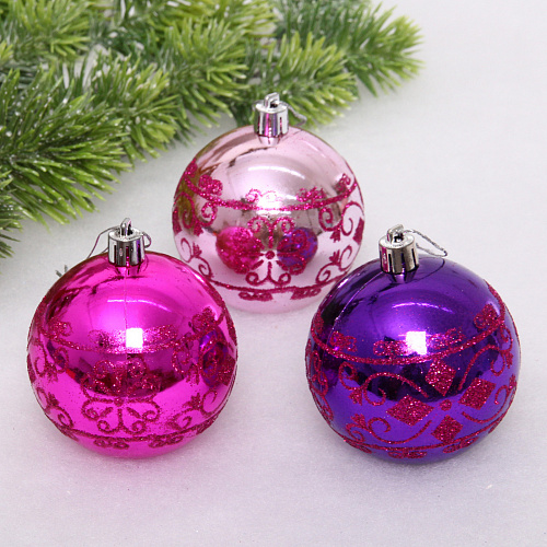 Новогодние шары 7см (набор 3шт) "Ажур", розовый/фуксия/фиолетовый