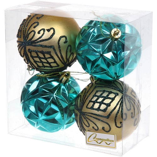 Новогодние шары 7 см (набор 4 шт) Симфония леса, лазурно-голубойзолото_3