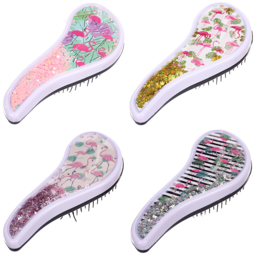 Расческа массажная компактная "ТРОПИКИ", блестки, микс 4 дизайна, 18*7,5см (PVC коробка)