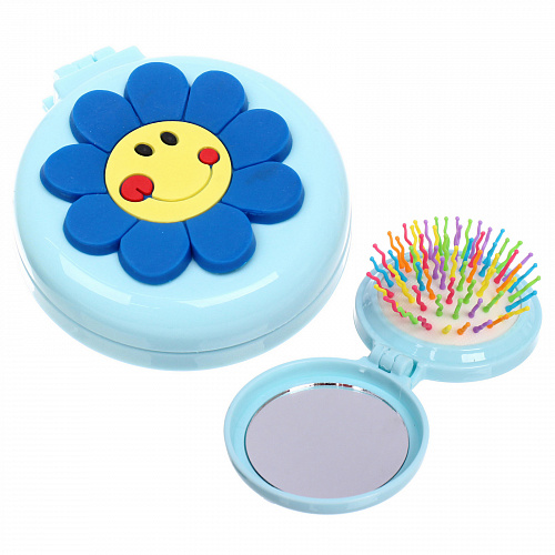 Расческа массажная детская складная "Barbariska", с зеркалом, цветочек - улыбашка, разноцветные зубчики, цвет голубой, d-7см