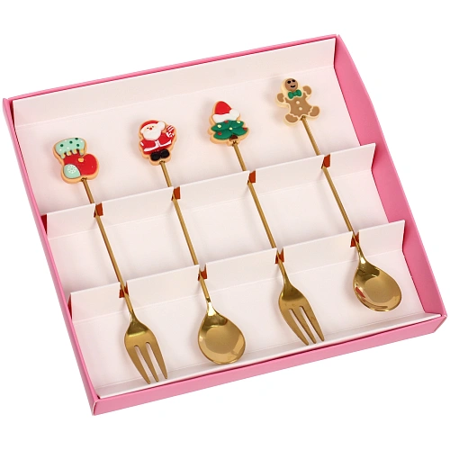 Набор для десерта Символы праздника 4предмета (2ложки+2вилки) в подарочной коробке,цвет золото_6