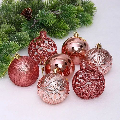 Новогодние шары 8 см (набор 24 шт) "Фактурный микс", розовое золото