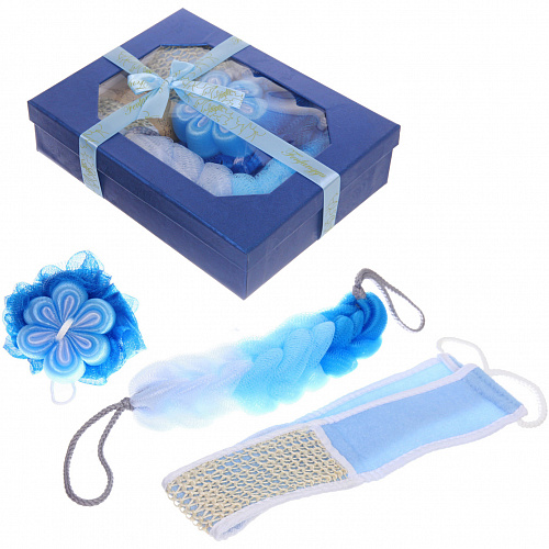 Набор банный в подарочной коробке "PREZENT", синий/голубой (три мочалки), 24*7*19*6см