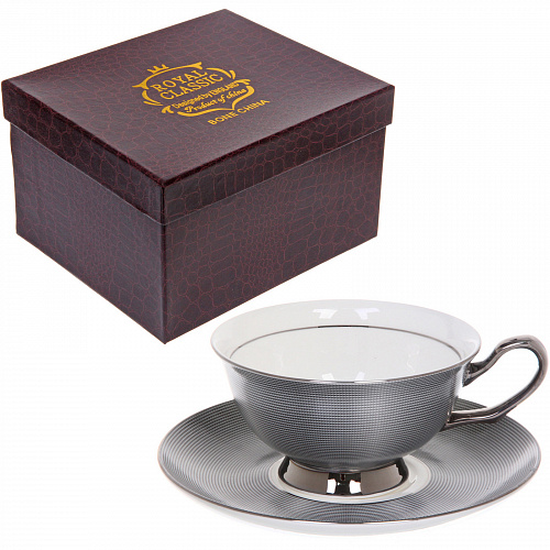 Чайная пара "Royal classic" (кружка 200мл+блюдце) Графитовый узор, в подарочной коробке