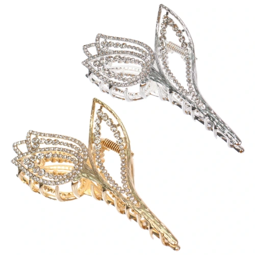 Заколка - краб для волос со стразами на блистере "ДЕ Палма", тюльпан, цвет золото и серебро, 10,5*5.5см (пакет с подвесом)