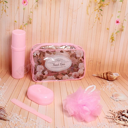 Набор банный дорожный 4шт Traveler - Цветы, цв розовый, (мочалка, футляр 2шт, расческа), 22156_5