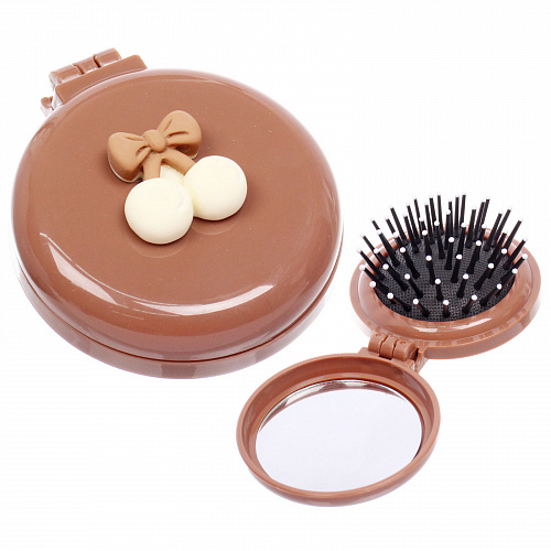 Расчёска массажная складная с зеркалом "БАМБИ БУМ", цвет шоколад, d-6.5см (пакет с подвесом)