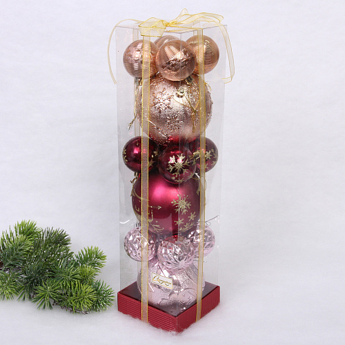 Набор шаров "Winter ice" 10 см + 5 см (15 предметов), Шампань/Рубин/Розовое золото