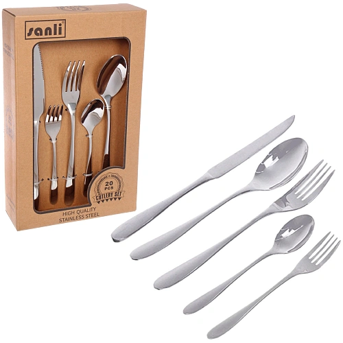 Набор столовых приборов "SANLI" 20шт (4ножа, 4ст.вилки, 4дес.вилки,4ст.ложки, 4ч.ложки), цвет серебро