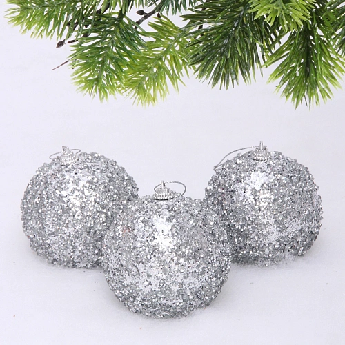 Новогодние шары "GLAME - Искра" 8 см (набор 3 шт), Серебро