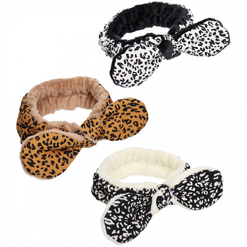 Повязка на голову косметическая "ДАЙМОНД РУШ", леопард, цвет бежевый, черный и коричневый, 20*5.5см (ZIP пакет)