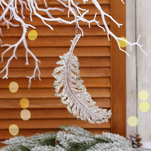 Подвеска "Перо желаний" 15*5 см, Белый/Золотой блеск