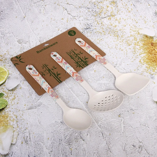 Набор кухонных принадлежностей 3шт бамбуковых Eco Life (Ложка, Шумовка, Лопатка), орнамент_3