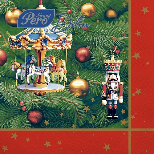 Салфетки бумажные 33*33 GrandPero Deluxe Новогодняя карусель, 3 слоя, 20л