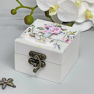 Шкатулка деревянная с зеркалом "МАРЦИПАН", пудровые пионы, 6.5*6.5*4.5см (в коробке)