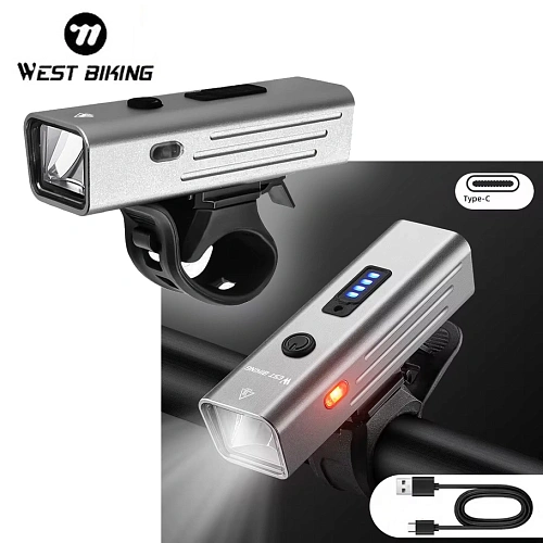 Фонарь велосипедный, передний West Biking YP0701416 Silver (аккум. 1800 mAh, Tape-C)