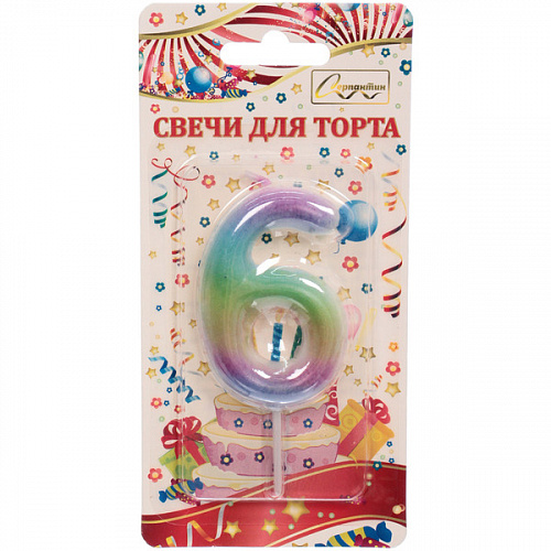 Свеча для торта Цифра Радуга "6" 6*4 см