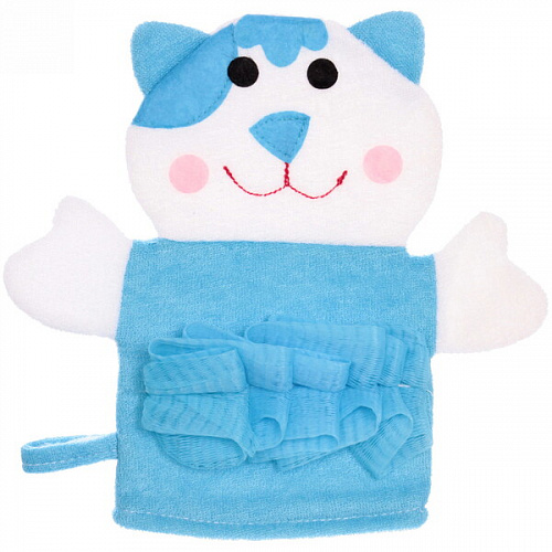 Мочалка-варежка для тела детская "Water Magic - Котёнок Грей", цвет голубой, 21*22 см (ZIP пакет)