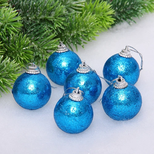 Новогодние шары 4 см (набор 6 шт) "Блестящее напыление", голубой