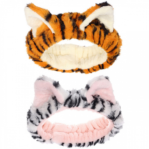 Повязка на голову косметическая "ДАЙМОНД РУШ", тигрица, цвет серый и коричневый, 20*5.5см (ZIP пакет)
