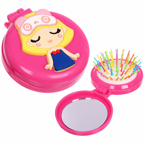 Расческа массажная детская складная "Barbariska", с зеркалом, стильная Аннет, разноцветные зубчики, цвет розовый, d-7см